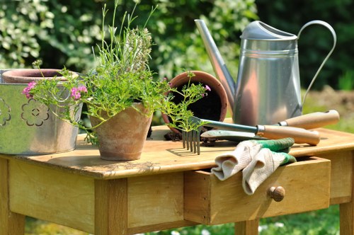 Lush Parsons Green garden with ornamental features and herbs